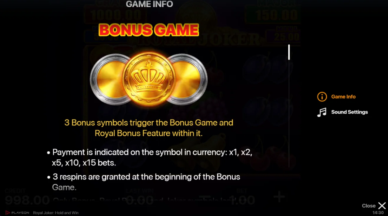 Ekran Bonus Game w grze Royal Joker Hold and Win – 3 symbole bonusowe aktywują rundę bonusową z mnożnikami i respinami.