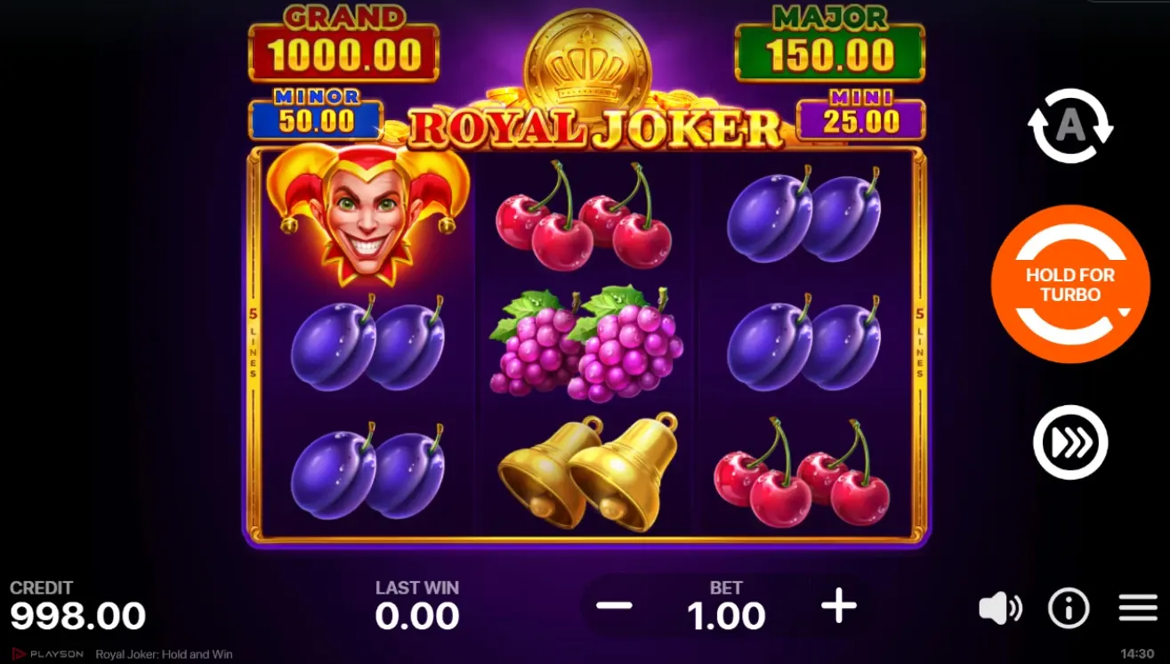 Rozgrywka w slocie Royal Joker Hold and Win z symbolami owoców, dzwonków i jokera oraz trybem Turbo.